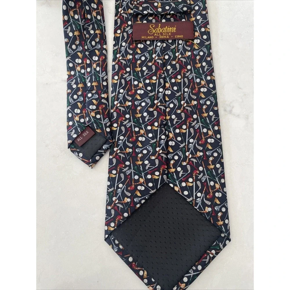 Sabatini All Silk Milano Roma Como Navy Blue Hand Made Men's Neck Tie Golf Theme